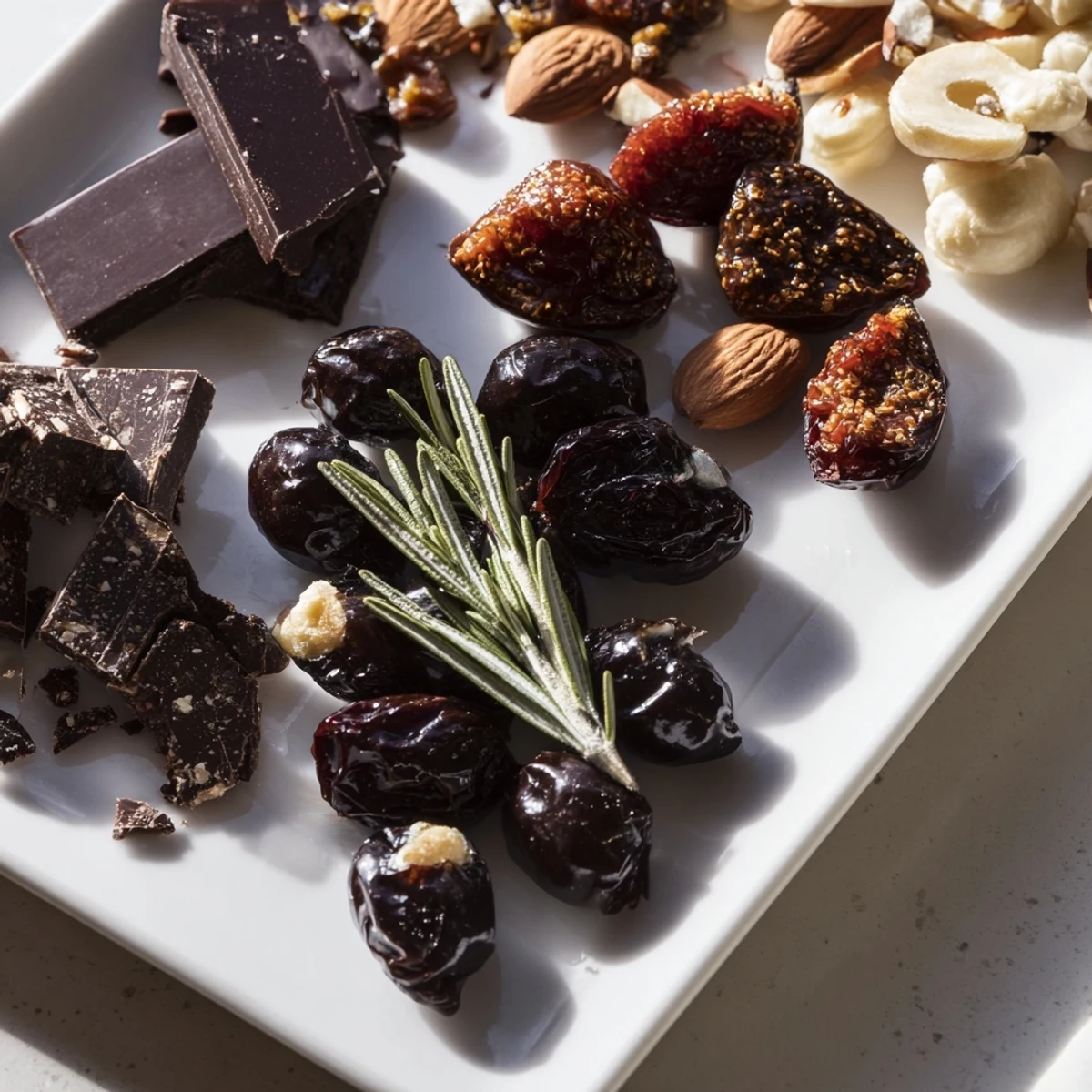 A beautifully arranged Winter Solstice Board, showcasing savory olives, figs, and creamy Brie cheese.