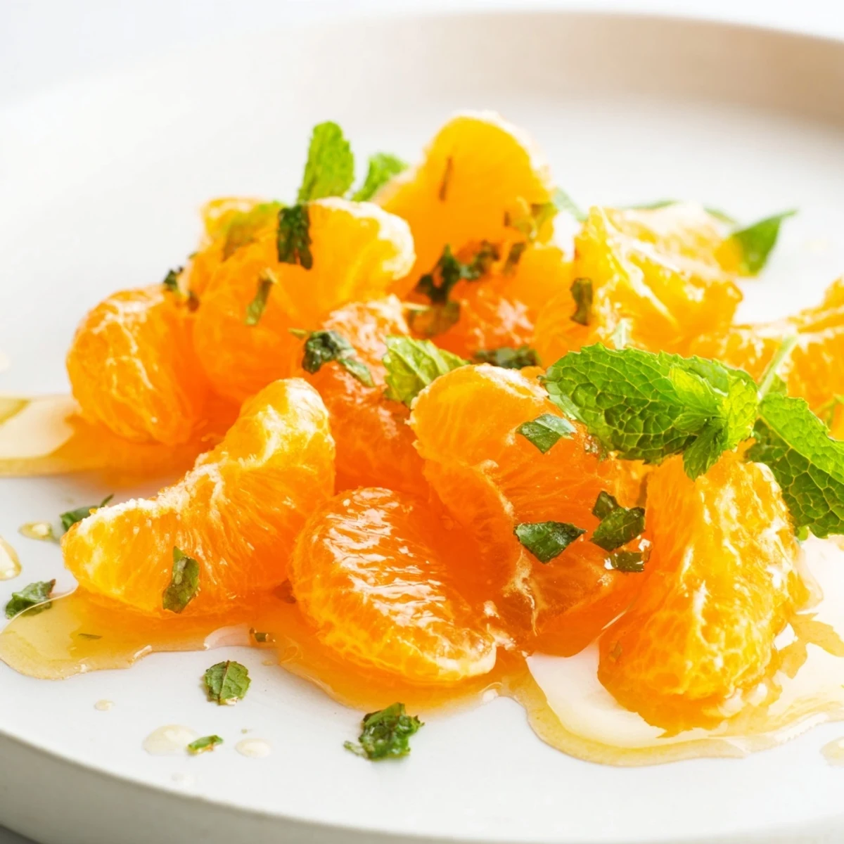 Close-up of a refreshing clementine and mint winter fruit salad, showcasing citrus and green leaves.