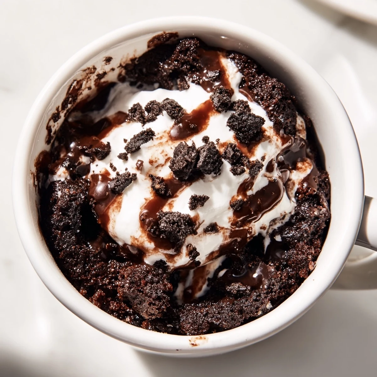 Close-up of a warm Oreo Mug Cake fresh from the microwave, ready to be enjoyed.