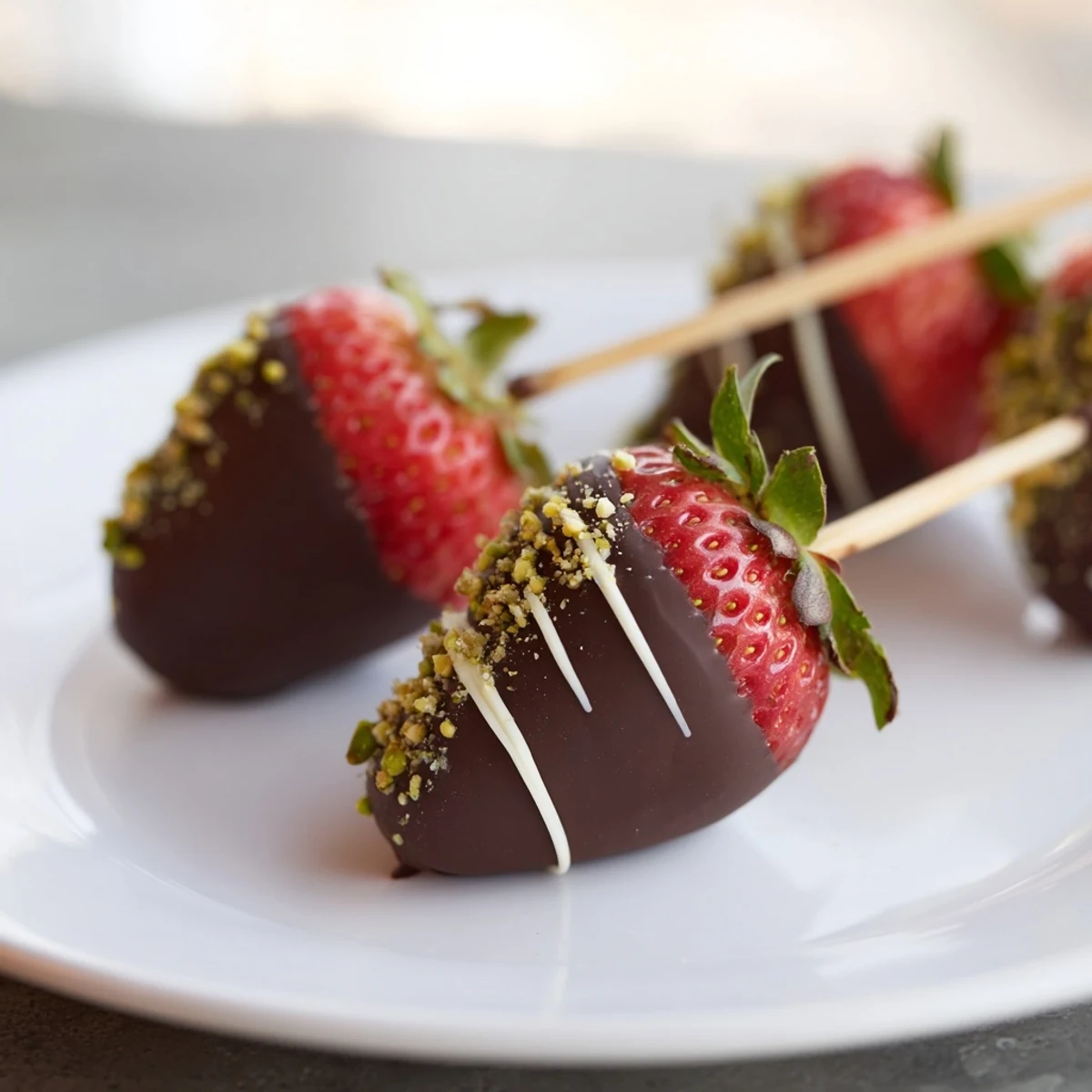 Juicy, chocolate-covered Chocolate-Dipped Strawberry Skewers, a perfect party dessert, ready to serve and enjoy.