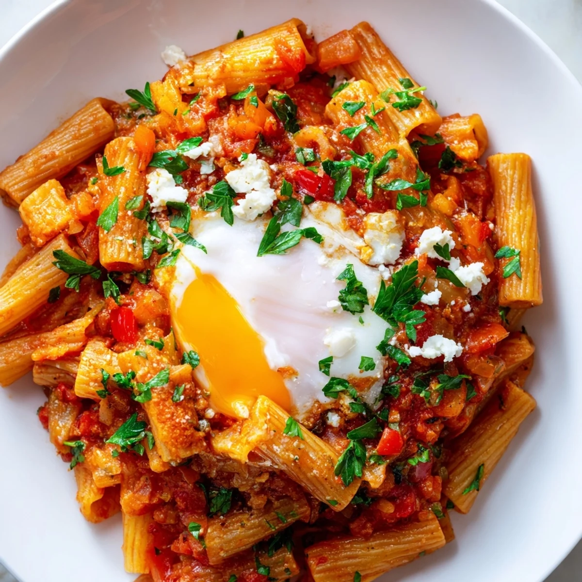 Quick Shakshuka Pasta: A view of this quick shakshuka pasta, bubbling with red sauce and perfectly poached eggs.
