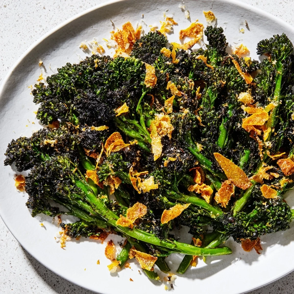 Charred Broccolini Salad with crispy garlic and Parmesan, a flavorful vegetarian side dish.