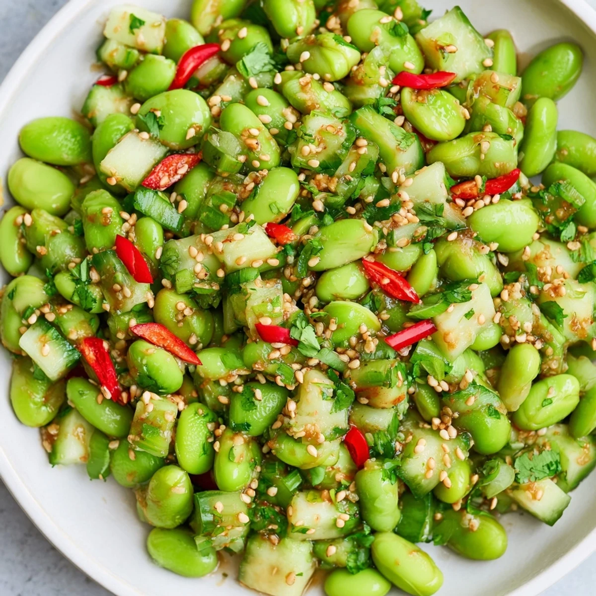 Chilled Edamame Salat with bright green edamame and colorful vegetables, a refreshing summer salad.