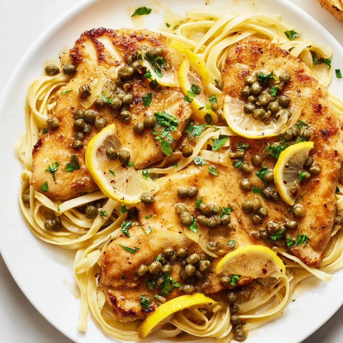 A close-up of Quick Chicken Piccata Pasta, showing golden chicken and flavorful pasta.