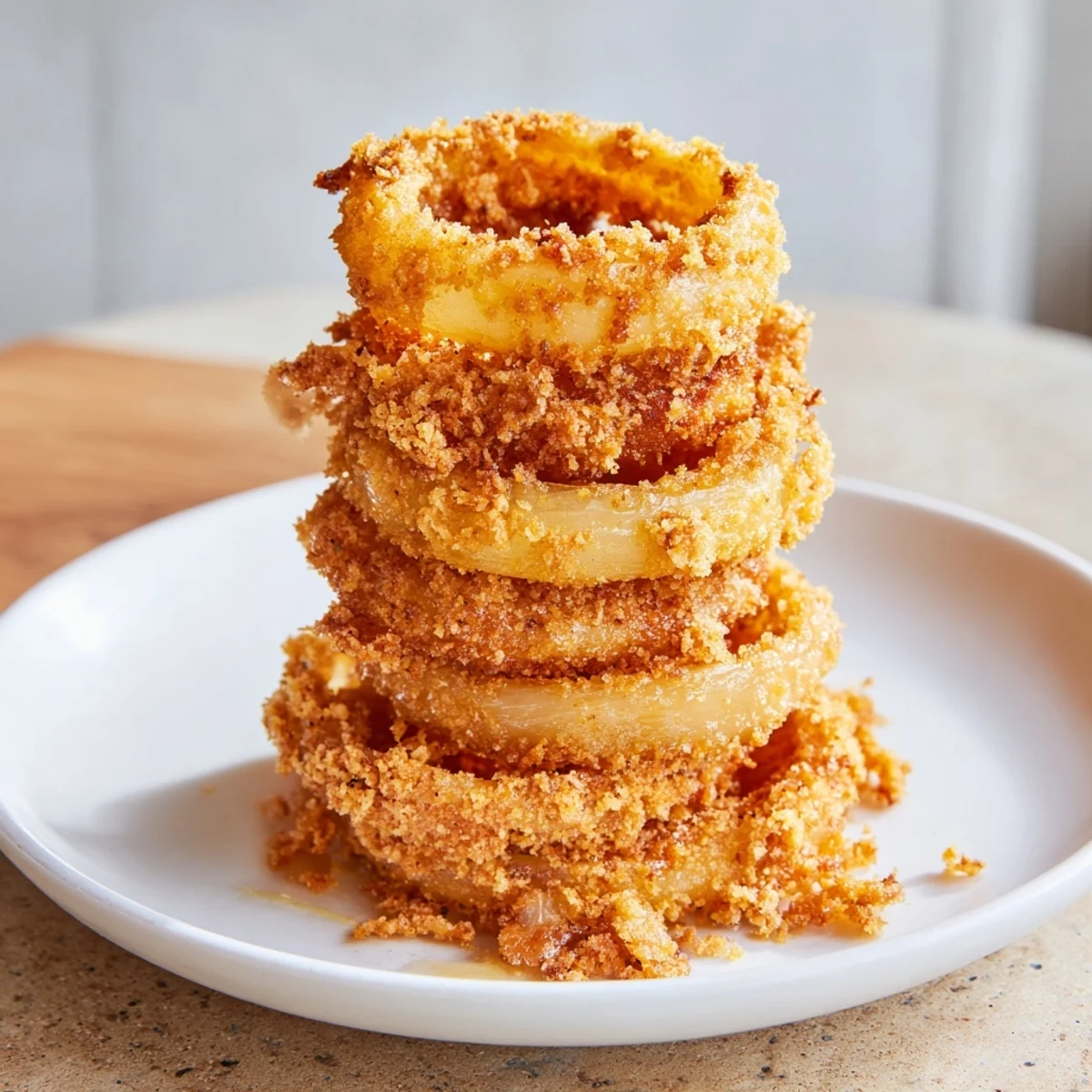 Golden-brown crispy onion ring tower, stacked high, ready to enjoy with dipping sauces.