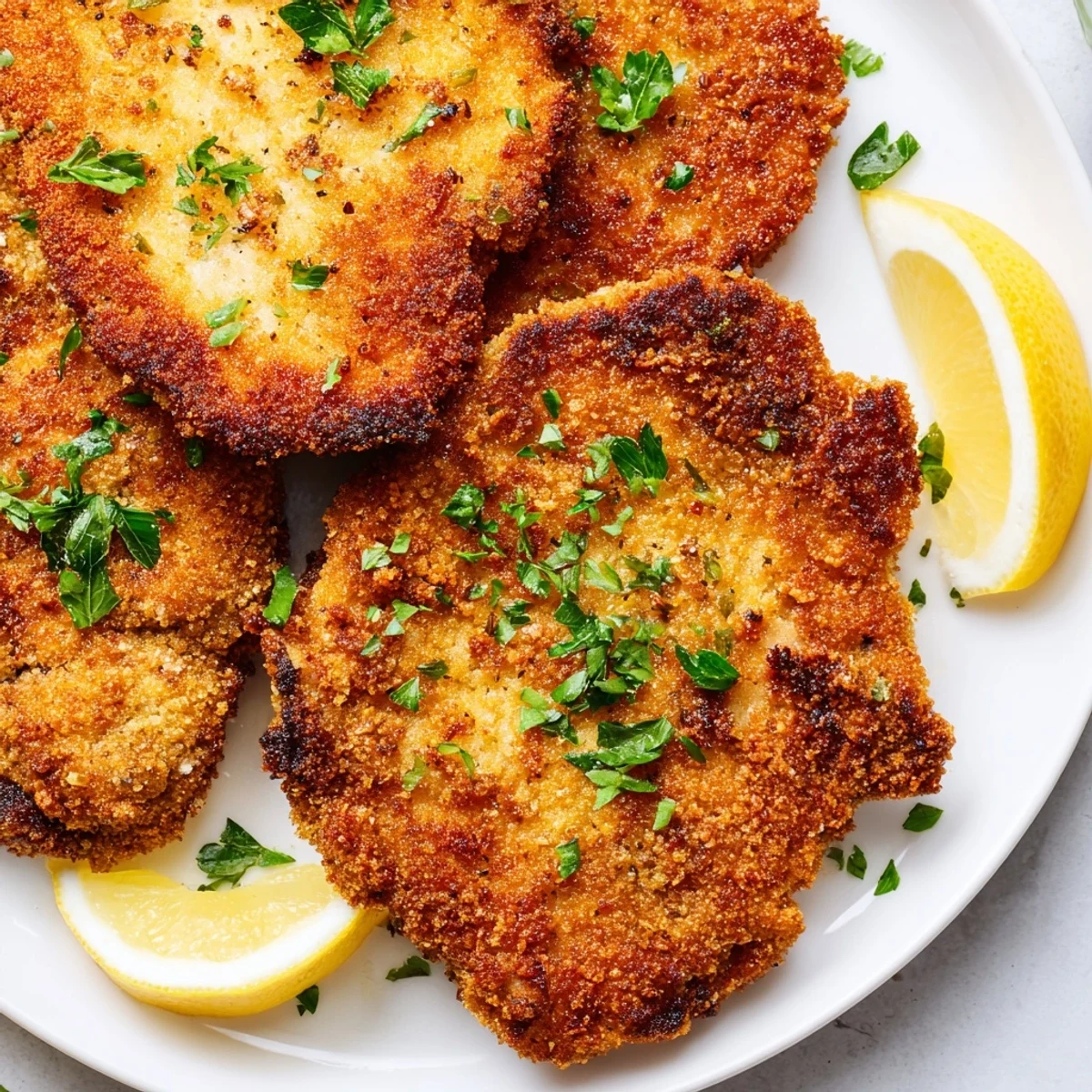 Golden, crispy German Schnitzel cutlets rest on a plate, ready to be served with lemon.
