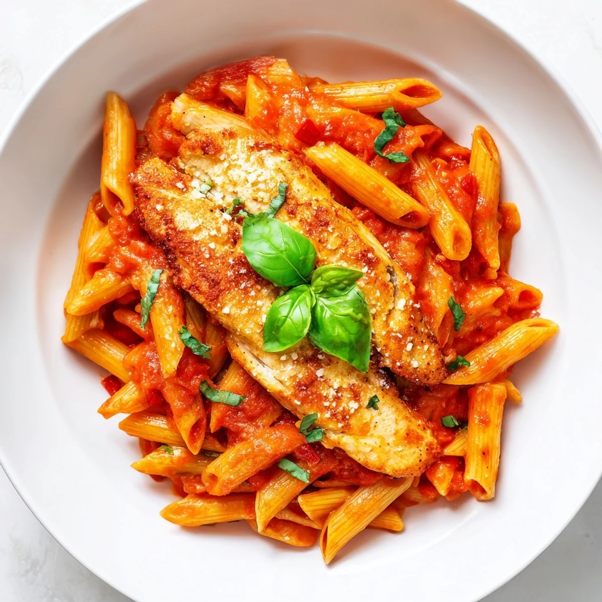 Frisch gekochte Spicy Tomato Chicken Pasta mit saftigen Hähnchenstreifen und würziger Tomatensauce auf einem Holztisch garniert.