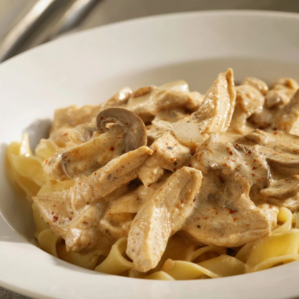 Hähnchen- und Pilz-Stroganoff: Goldbraunes Hähnchen und braune Pilze in cremiger Soße auf weichen Nudeln.