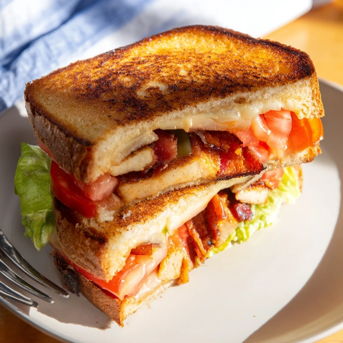 Goldenes Vegan Bacon BLT Grilled Cheese mit knusprigem Tempeh und geschmolzener Pflanzenkäse auf Sourdough-Brot.