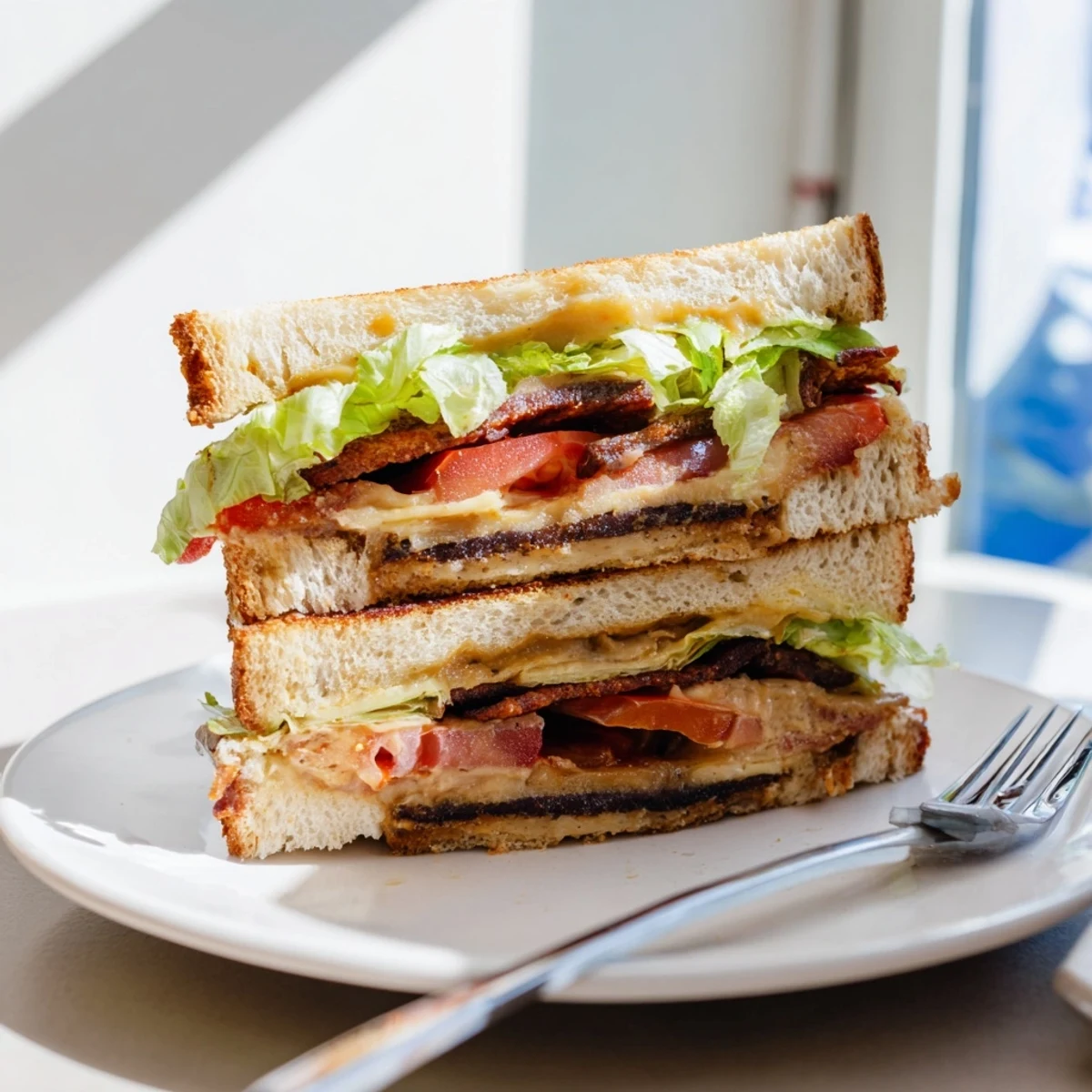 Saftiges Vegan Bacon BLT Grilled Cheese mit frischem Salat, Tomatenscheiben und würziger Rauchnote vom Tempeh.