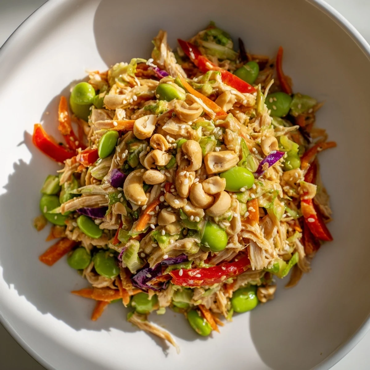 Frischer Edamame Crunch Hähnchensalat mit knusprigem Gemüse und würziger Ingwer-Dressing-Note.  