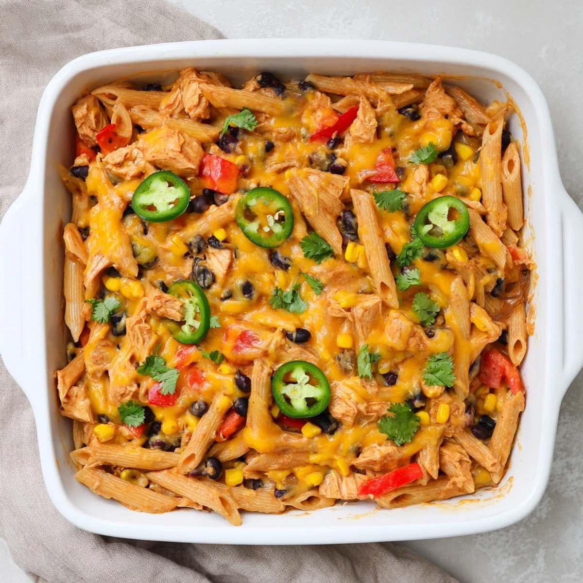 Chicken Burrito Pasta Bake sizzling from the oven, topped with melted cheese and fresh cilantro for a weeknight meal.