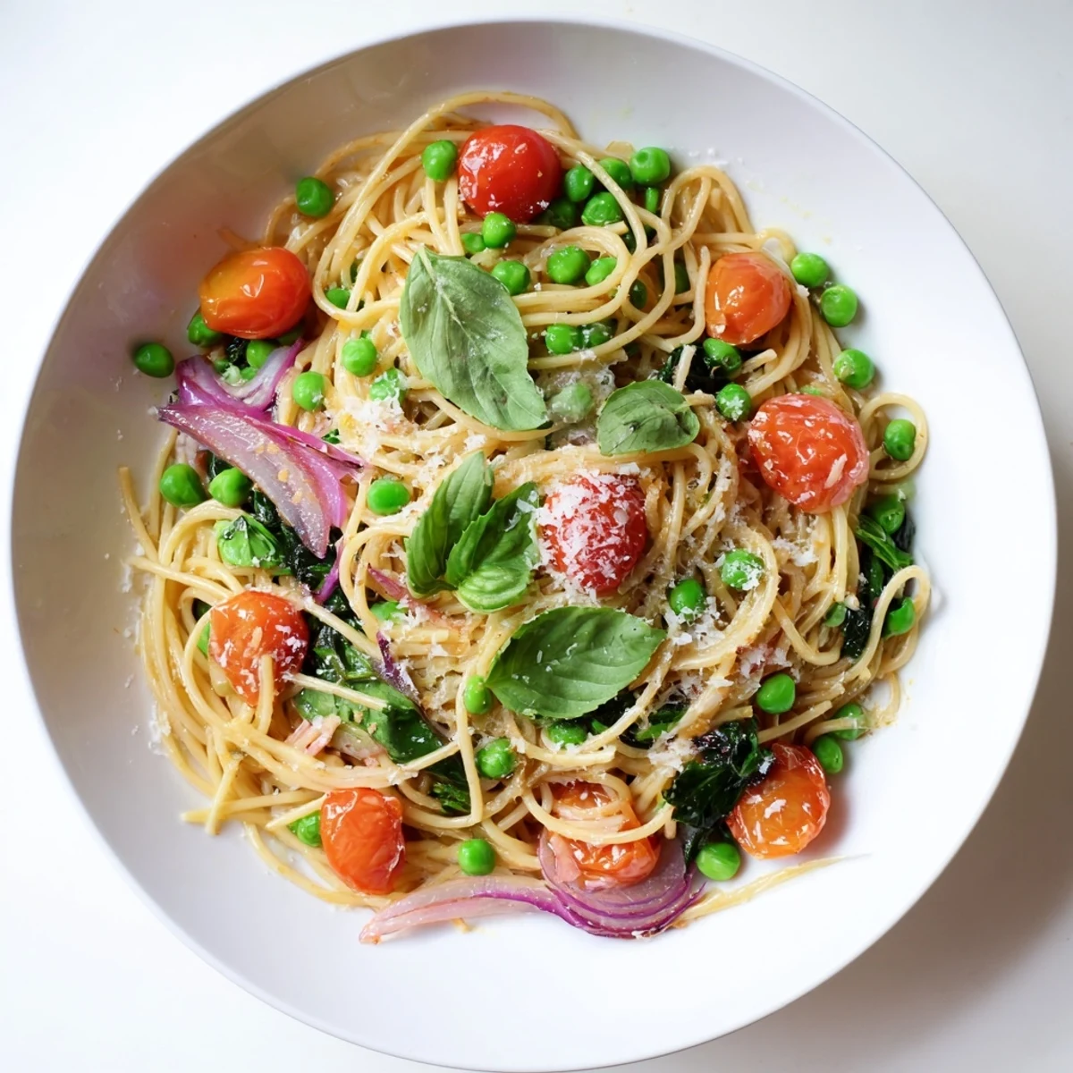 Eine dampfende Schüssel Frühlings-Gemüse-Einpott-Spaghetti mit bunten Cherrytomaten und blanchiertem Spinat, belegt mit frischem Parmesan und Basilikumblättern.