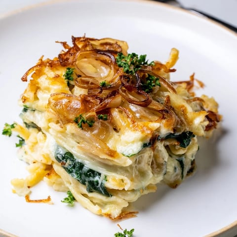 Zarte, käsige Spätzle mit frischem Spinat und goldenen Zwiebeln überbacken.  