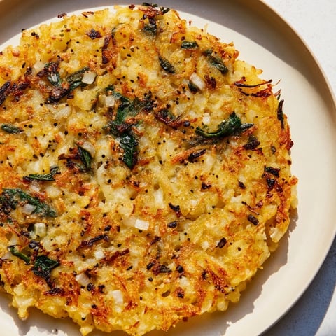 Golden-brown, crispy healthy potato & spinach rösti fresh from the oven, ready to serve with a side salad.