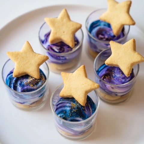 A beautifully arranged Stargazers Dessert Platter with star-shaped shortbread and galaxy mousse.