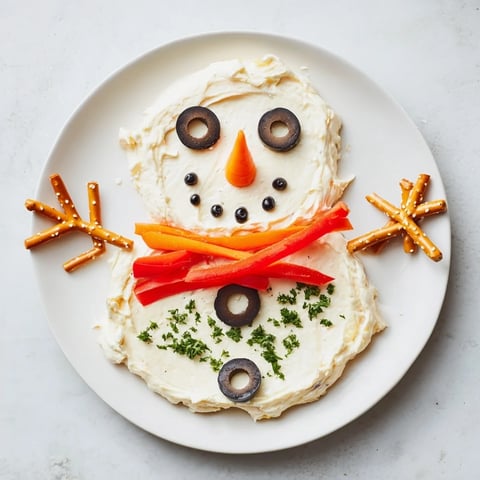 Melting snowman dip, a creamy winter appetizer decorated with olives, carrot, and pepper.
