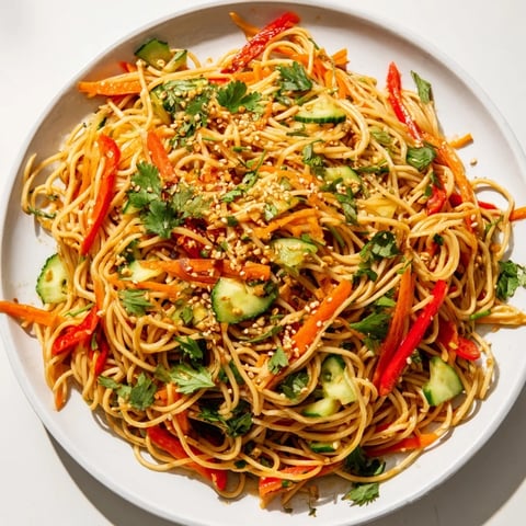 Garlic Noodle Salad, a colorful Asian-inspired dish with vibrant vegetables and sesame seeds.
