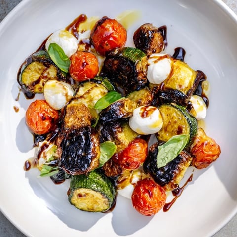 Geröstetes Gemüse-Caprese-Salat mit karamellisiertem Zucchini, Paprika und Mozzarella-Perlen in balsamico Dressing angerichtet.
