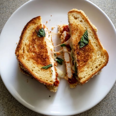 Ein knuspriges Chicken Parm Grilled Cheese Sandwich liegt goldbraun und mit geschmolzenem Mozzarella auf einem Holztisch.  