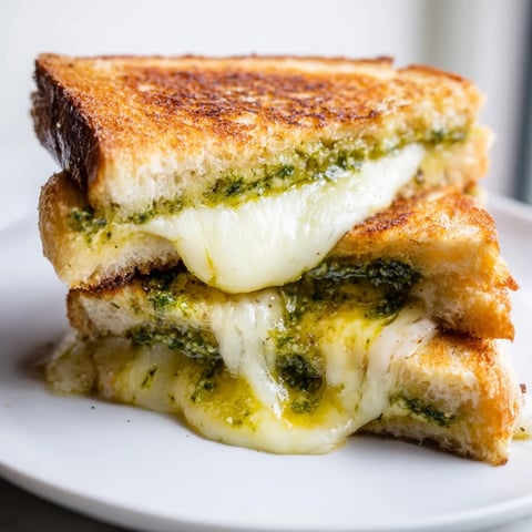 Ein geröstetes Sourdough Pesto Grilled Cheese Sandwich mit schmelzendem Käse und frischem Basilikum.
