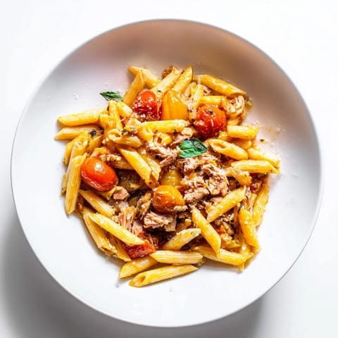 Savory Blitz Pasta with Tomatoes & Tuna, a quick Italian-inspired dish bursting with flavor.