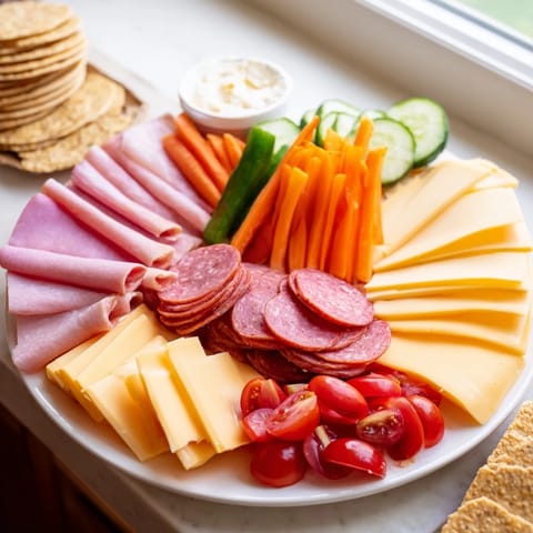 This easy budget-friendly family spread showcases an assortment of cold cuts, cheeses, plus crisp veggies, and crackers.