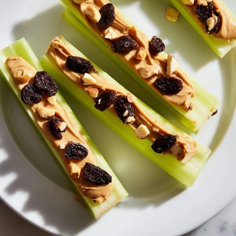 Kühle, mit Peanut Butter gefüllte Celery Sticks mit optionalen Rosinen und Erdnüssen, ideal zum Servieren.
