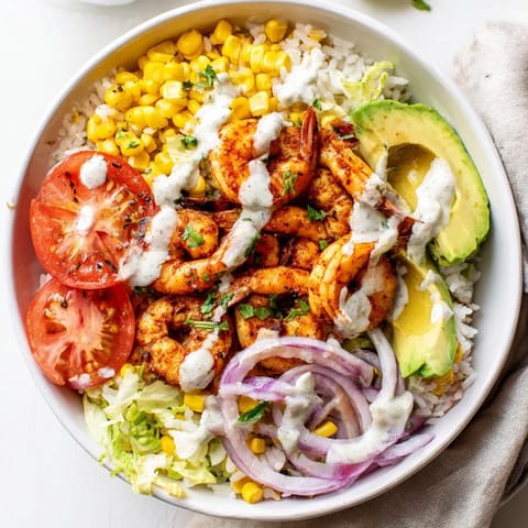 Close-up of delicious Cajun Shrimp Taco Bowls featuring perfectly cooked shrimp and colorful vegetables.