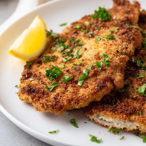 A close-up view shows the beautifully browned crust of the traditional German Schnitzel, prepared perfectly.