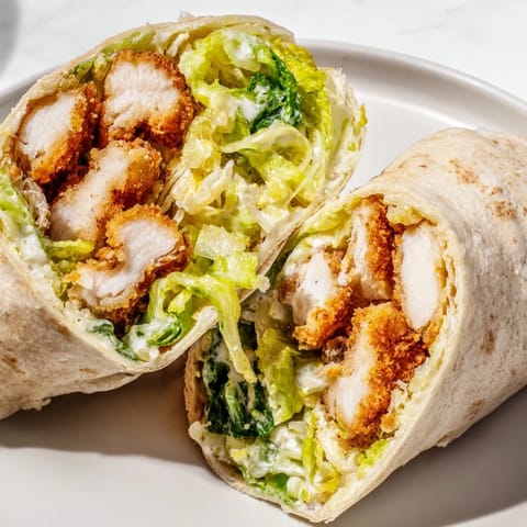 Golden crispy chicken Caesar wrap on a wooden board, filled with chopped romaine lettuce and creamy dressing.  