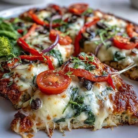 Saftige Brokkoli-Hähnchen-Krusten-Pizza mit roten Zwiebelringen, schwarzen Oliven und Babyspinat, belegt mit würziger Tomatensauce.