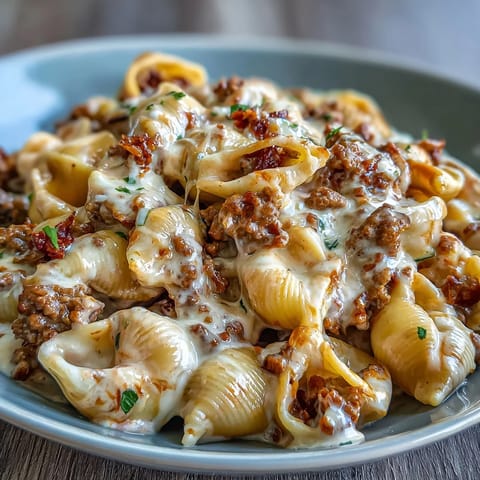 Tender beef and pasta shells simmered in a rich tomato cream sauce in one skillet.