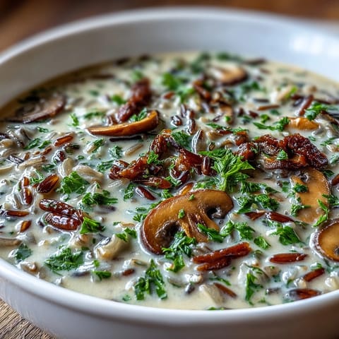 Heiße Wild Rice Mushroom Soup mit frischem Petersilienabschluss, serviert in einer weißen Schüssel.
