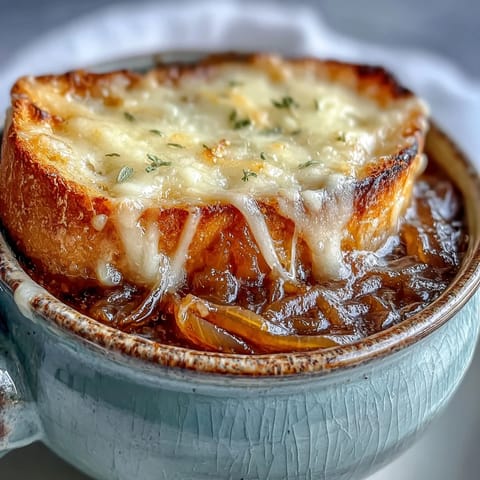 Deeply caramelized onions in Classic French Onion Soup, bubbling under melted Gruyère, served in a traditional ceramic crock.