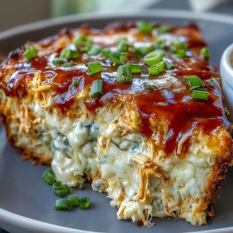 Buffalo Chicken Dip auf hellem Teller, glasiger Dip aus Hähnchen und Käse, serviert mit Stangensellerie.