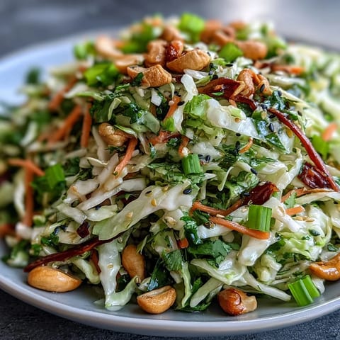 Asian Cabbage Salad in einer Schüssel mit grünen Zwiebeln, Koriander und goldenen Sesamsamen für einen frischen Beilage.