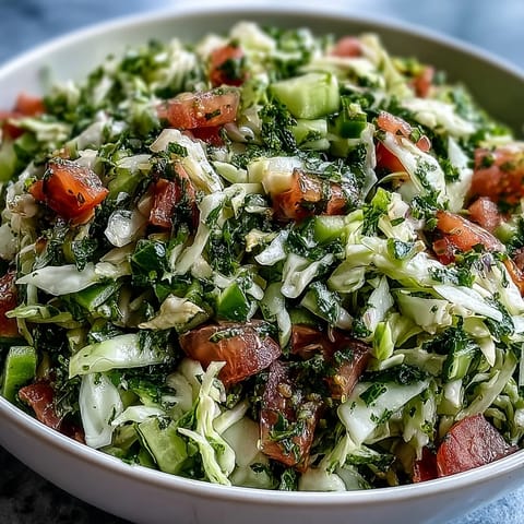 Saftiger Lebanese Cabbage Salad aus knackigem Kohl, Petersilie und Minze, bereit zum Servieren.