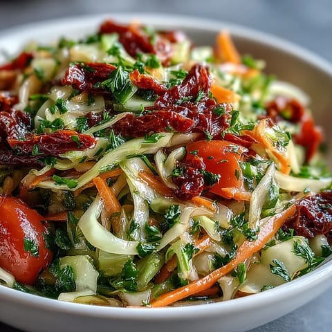 Der Cabbage Salad With Sundried Tomatoes kommt mit einer würzigen Kräutervinaigrette und goldenen Sonnen- getrockneten Tomaten.