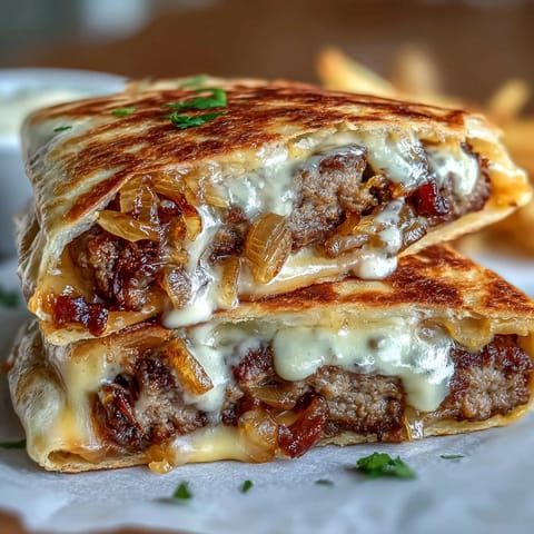 Smashed burger patties and melted cheddar peek from golden griddled tortillas with Cheesy Griddled Smashburger Quesadillas, served with tangy mayo-mustard sauce.