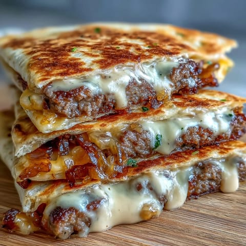 Stacked Cheesy Griddled Smashburger Quesadillas offer crisp edges, juicy beef, and onion sweetness, sliced into wedges with pickles and fresh cilantro nearby.