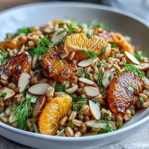 Farro salad bowl with fennel, oranges, and almonds, colorful and refreshing, ready for a light lunch.  
