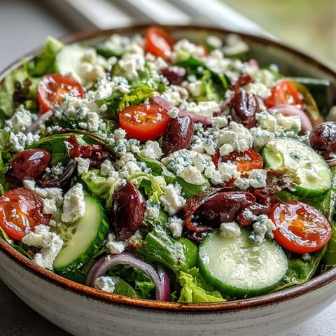 A vibrant Mediterranean Green Salad Bowl with crisp greens, juicy tomatoes, and creamy feta crumbles, drizzled with tangy Greek dressing.