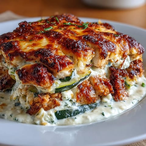 Saftige Hähnchenstücke und knackige Zucchini in cremigem Joghurt-Ei-Gemisch aus dem Ofen.