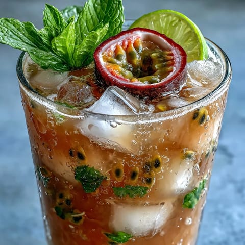 DIY Iced Guava Passionfruit Drink in hohen Gläsern mit cremiger Kokosmilch, frischem Eis und tropischen Fruchtscheiben garniert.