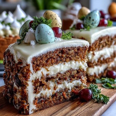 Festliche Ostertafel mit Karottenkuchen, Pavlova und Zitronentarte: Eine elegante Dessertauswahl für die Frühlingsfeiertage.