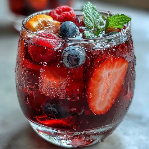 Erfrischender Eiskaffee mit Hibiskus und Beeren, garniert mit frischen Früchten auf Eis.