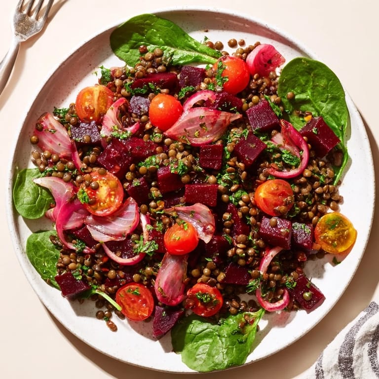 Vibranter Rote-Bete-und-Linsen-Salat, leicht angerichtet mit zesty Dressing.  