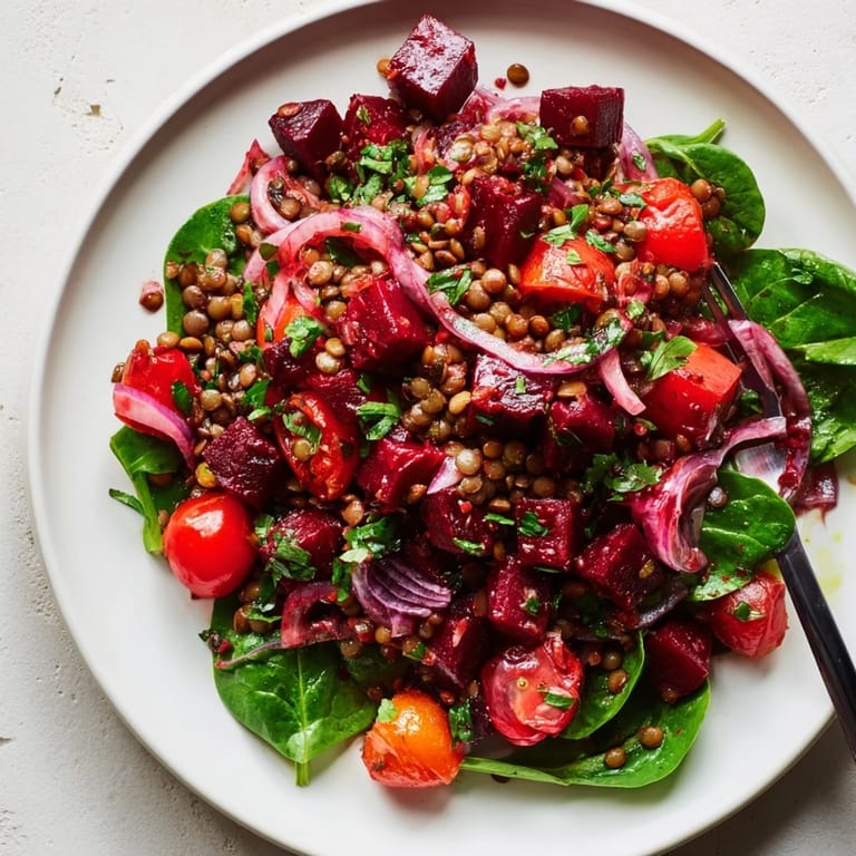 Erfrischender Rote-Bete-und-Linsen-Salat mit Babyspinat, reich an Geschmack und Nährstoffen.
