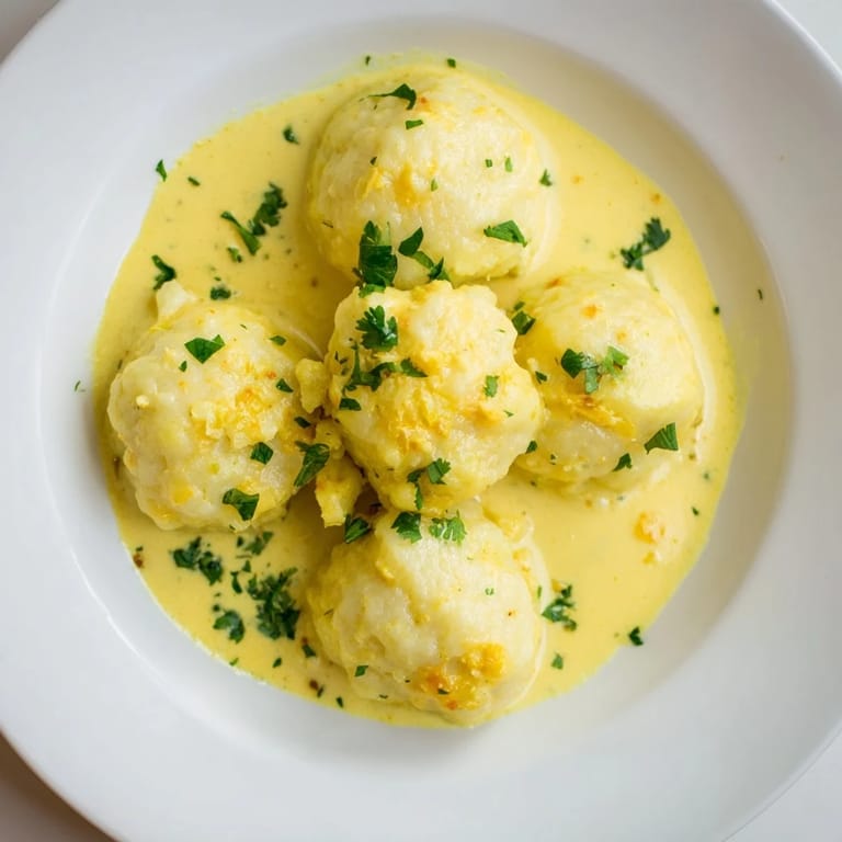 Vibrant photo shows close-up of Curry Comfort Potato Dumplings swimming in a creamy, spiced curry sauce.